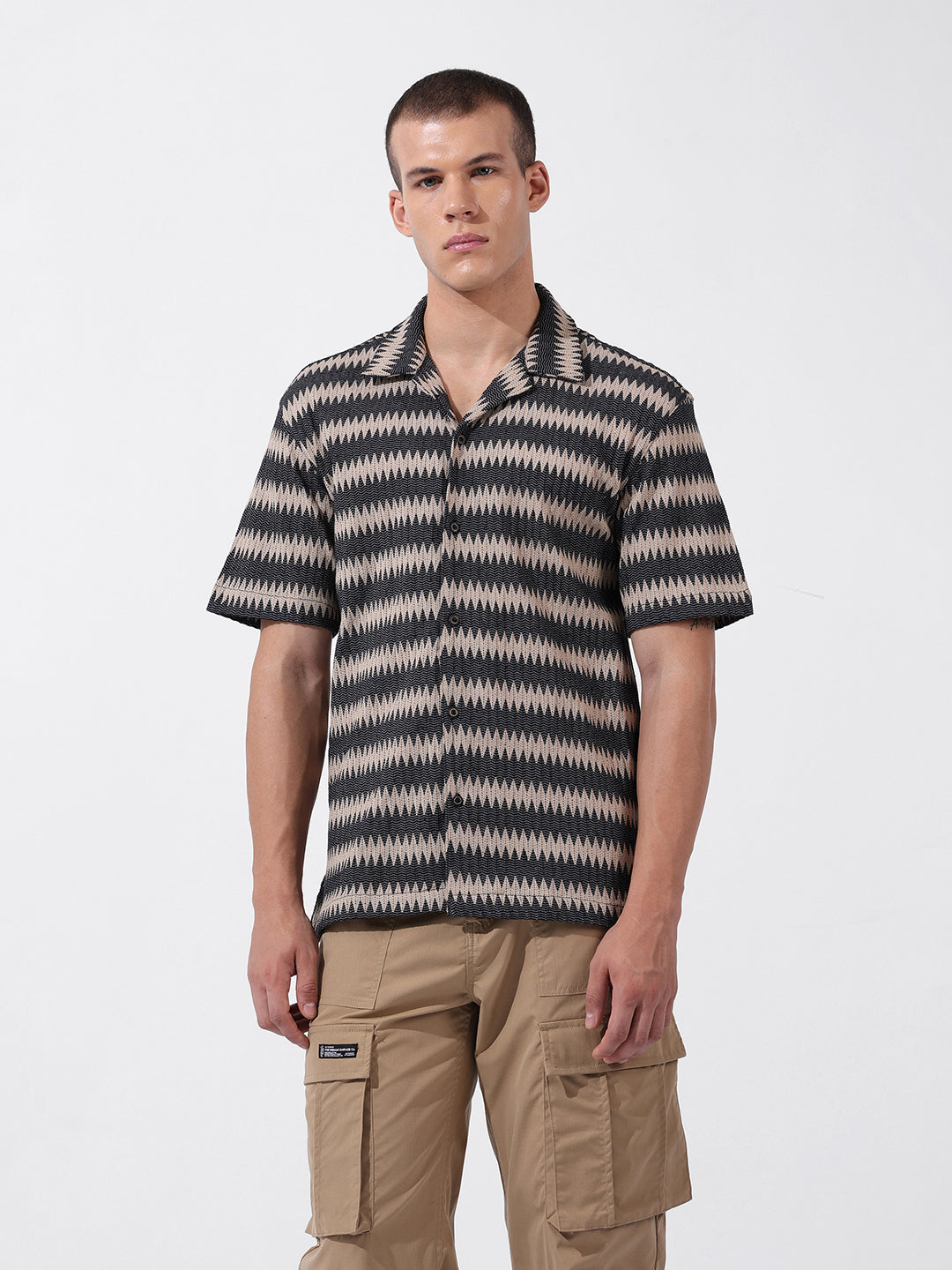 Men's Beige Relaxed Fit Textured Textured Shirt