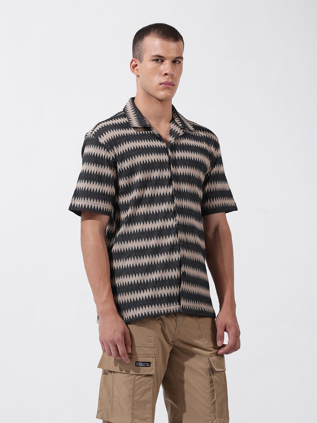 Men's Beige Relaxed Fit Textured Textured Shirt