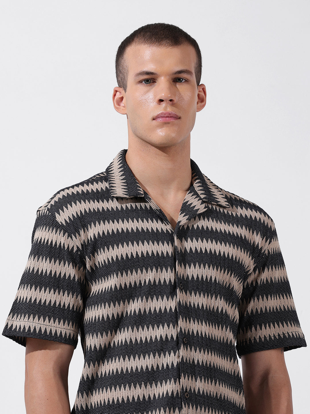 Men's Beige Relaxed Fit Textured Textured Shirt