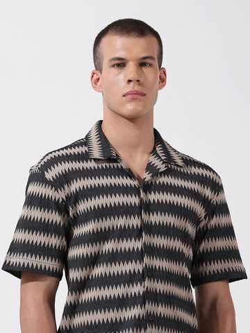 Men's Beige Relaxed Fit Textured Textured Shirt