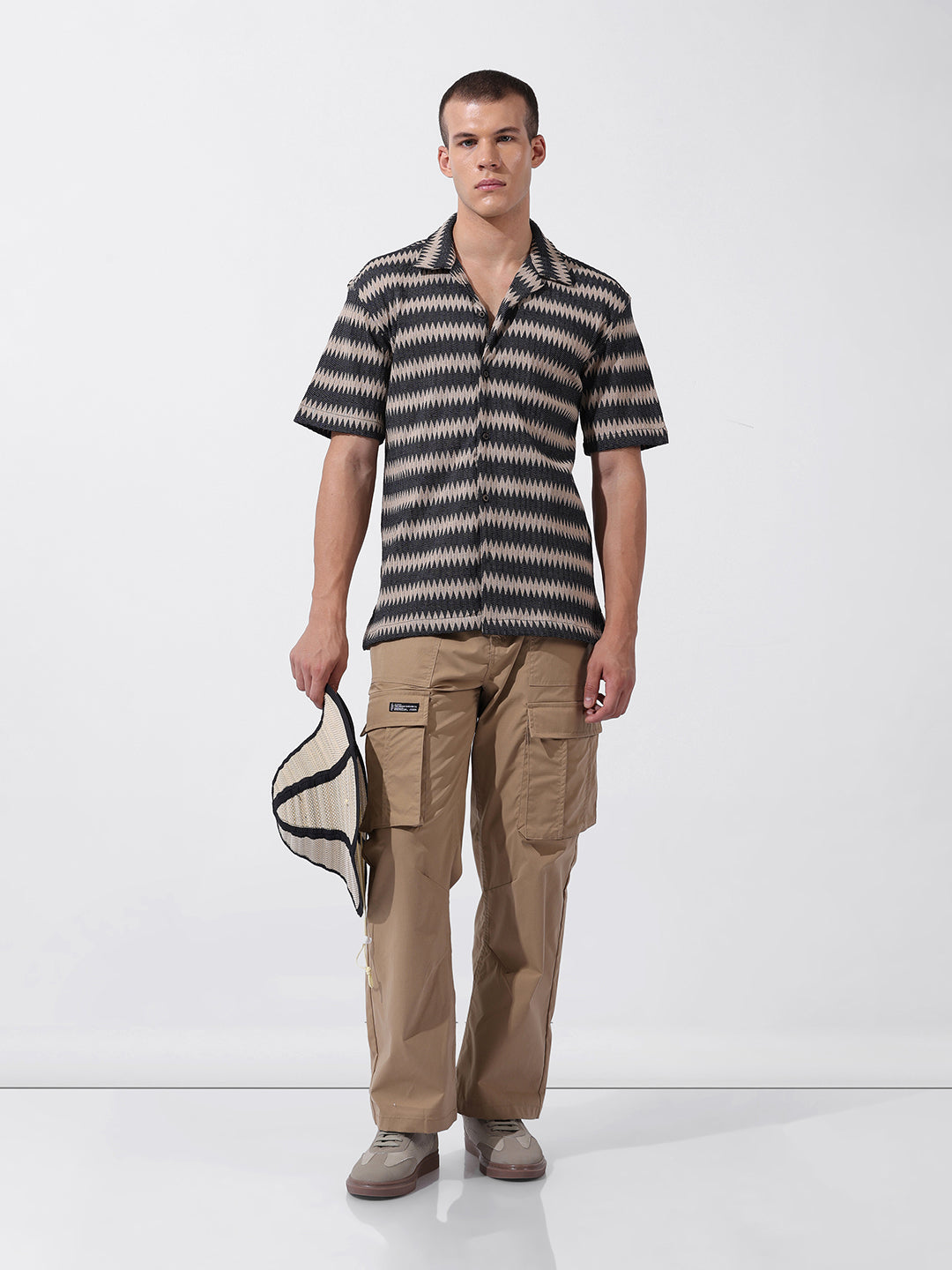 Men's Beige Relaxed Fit Textured Textured Shirt