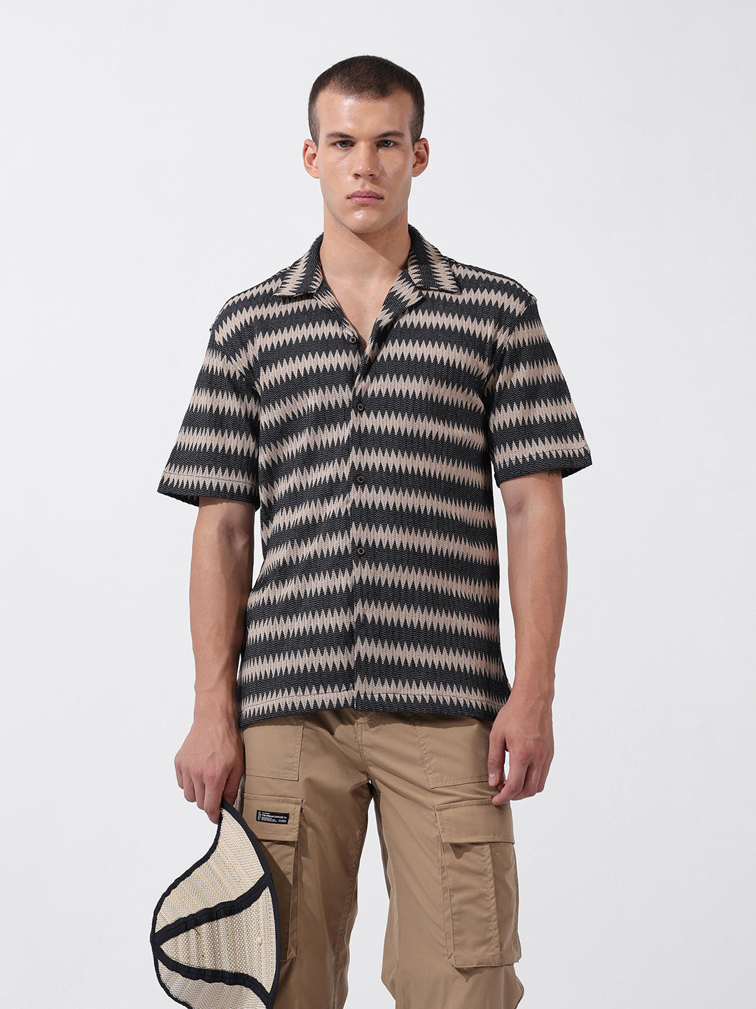 Men's Beige Relaxed Fit Textured Textured Shirt