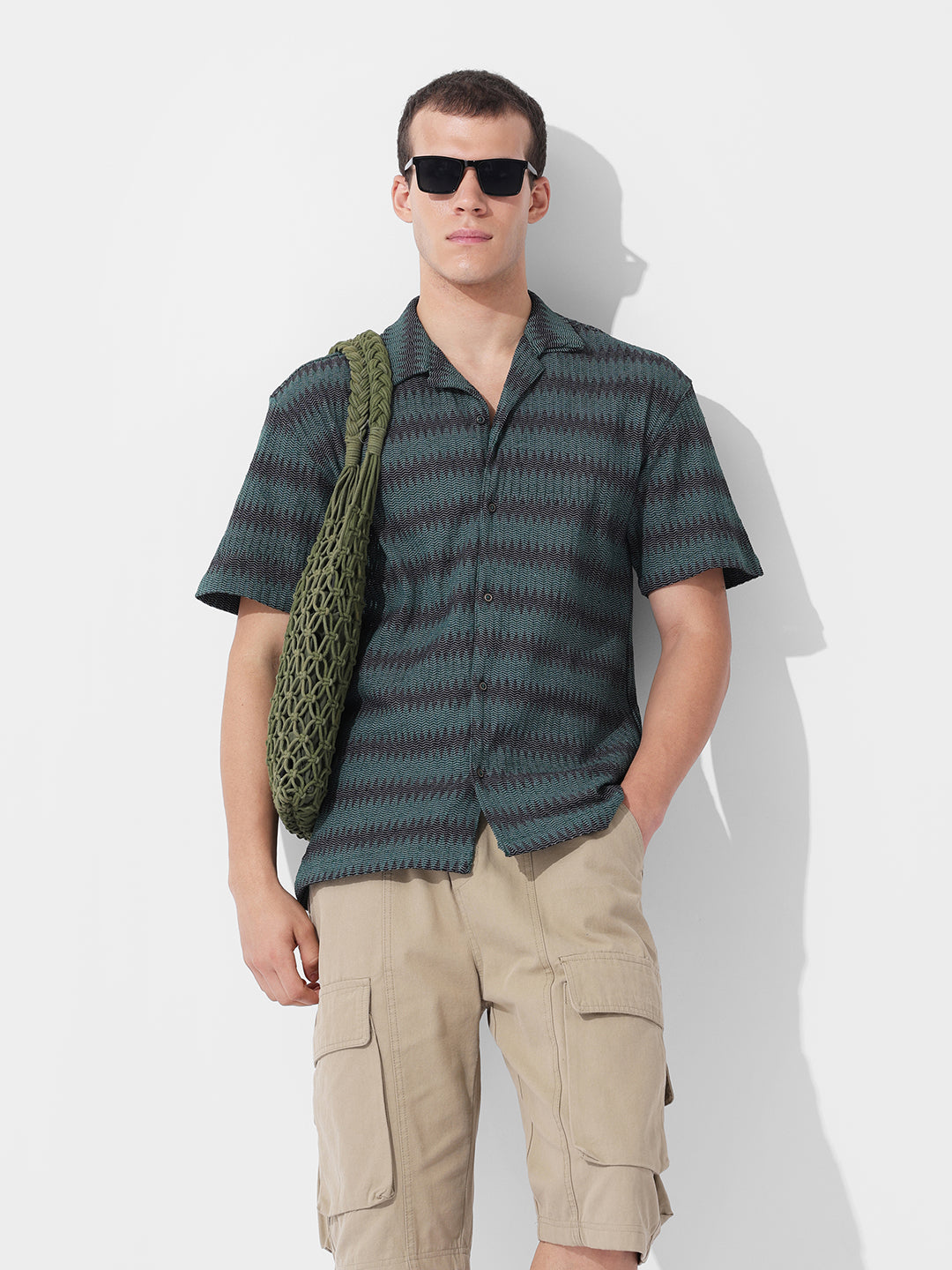 Men's Green Relaxed Fit Textured Resort Wear Shirt