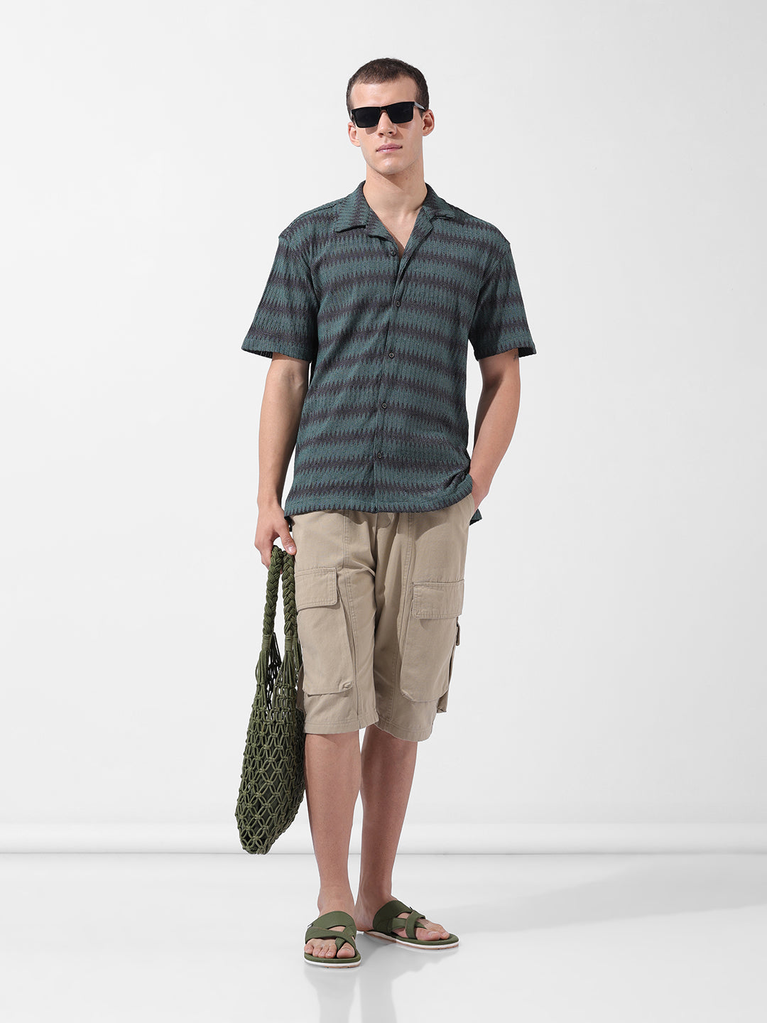 Men's Green Relaxed Fit Textured Resort Wear Shirt