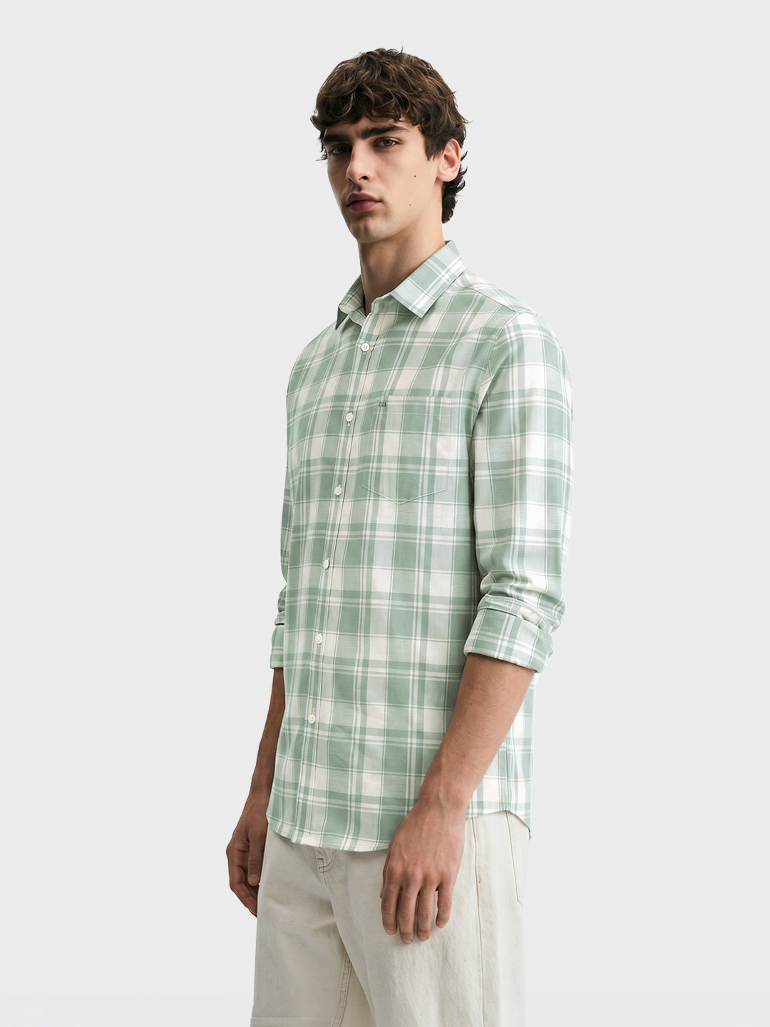 Men's Green Slim Fit Checkered Casual Shirt