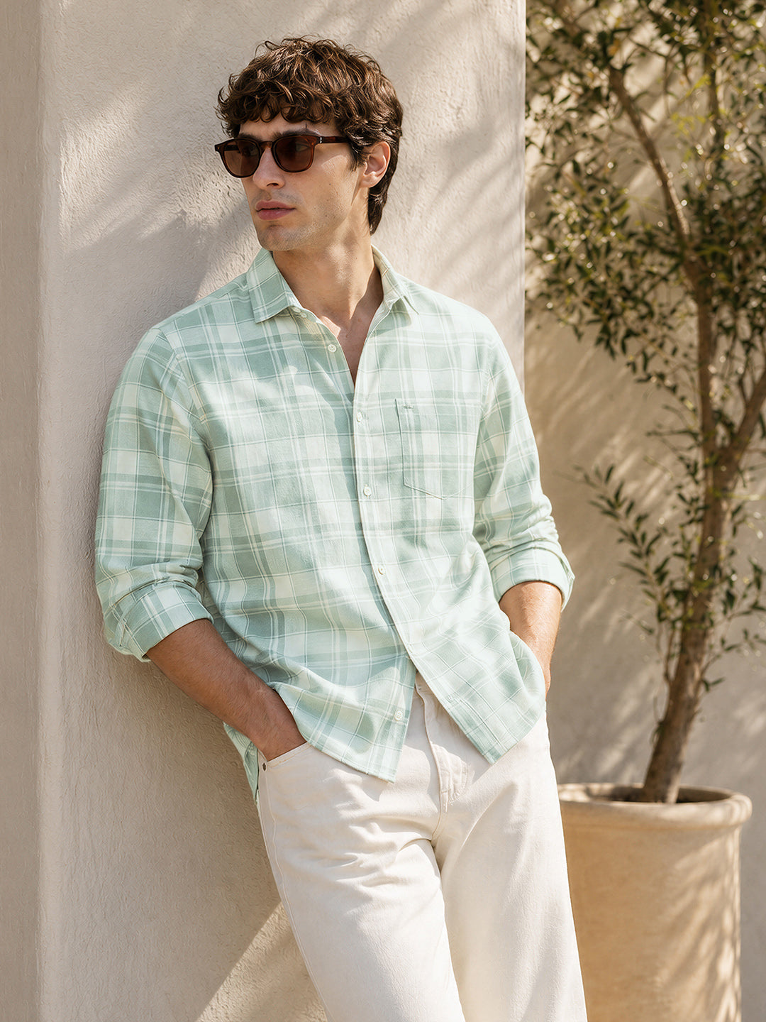 Men's Green Slim Fit Checkered Casual Shirt