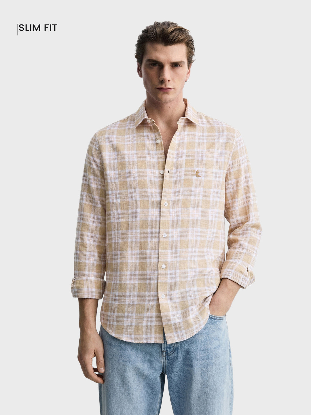 Men's Khaki Slim Fit Checkered Casual Shirt