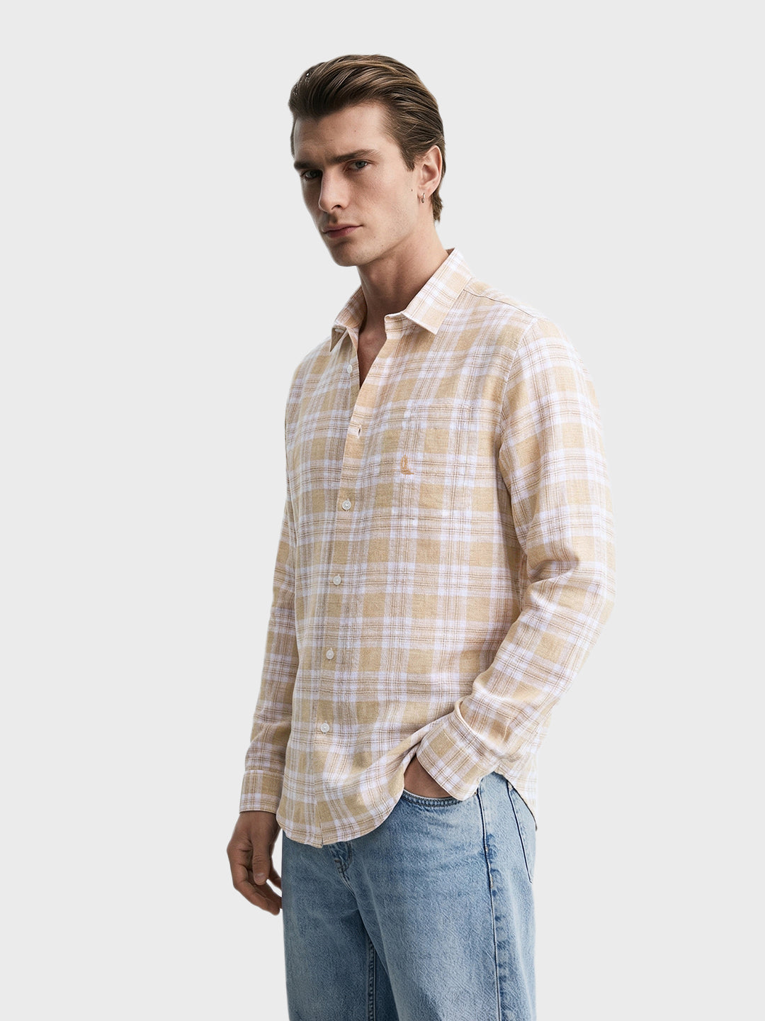Men's Khaki Slim Fit Checkered Casual Shirt