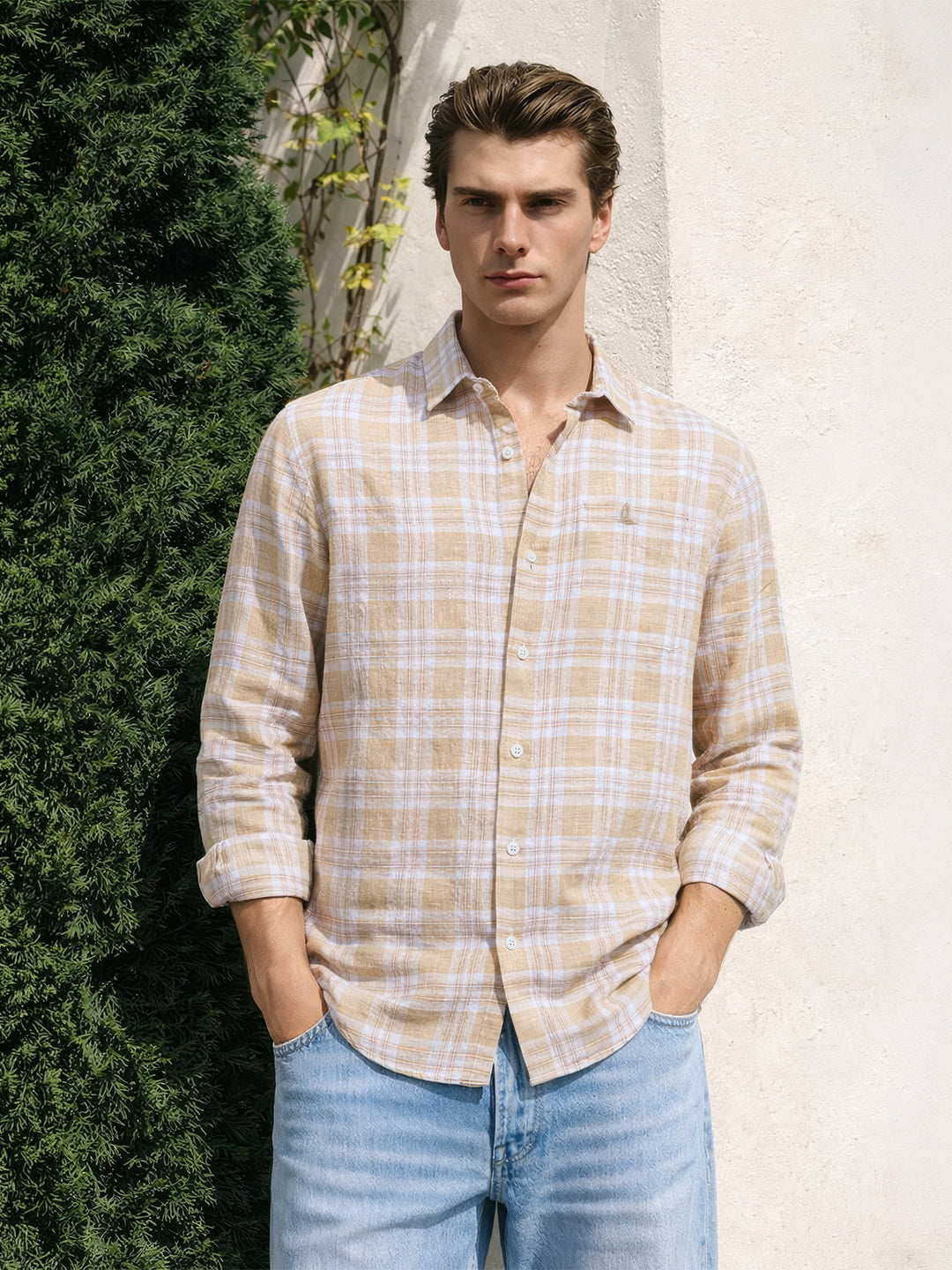 Men's Khaki Slim Fit Checkered Casual Shirt