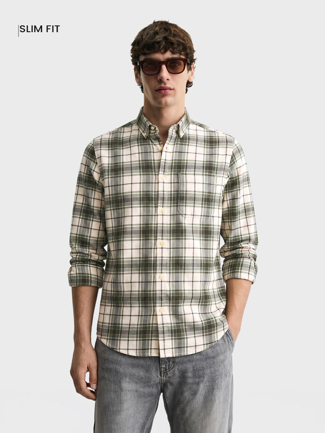 Men's Green Slim Fit Checkered Casual Shirt