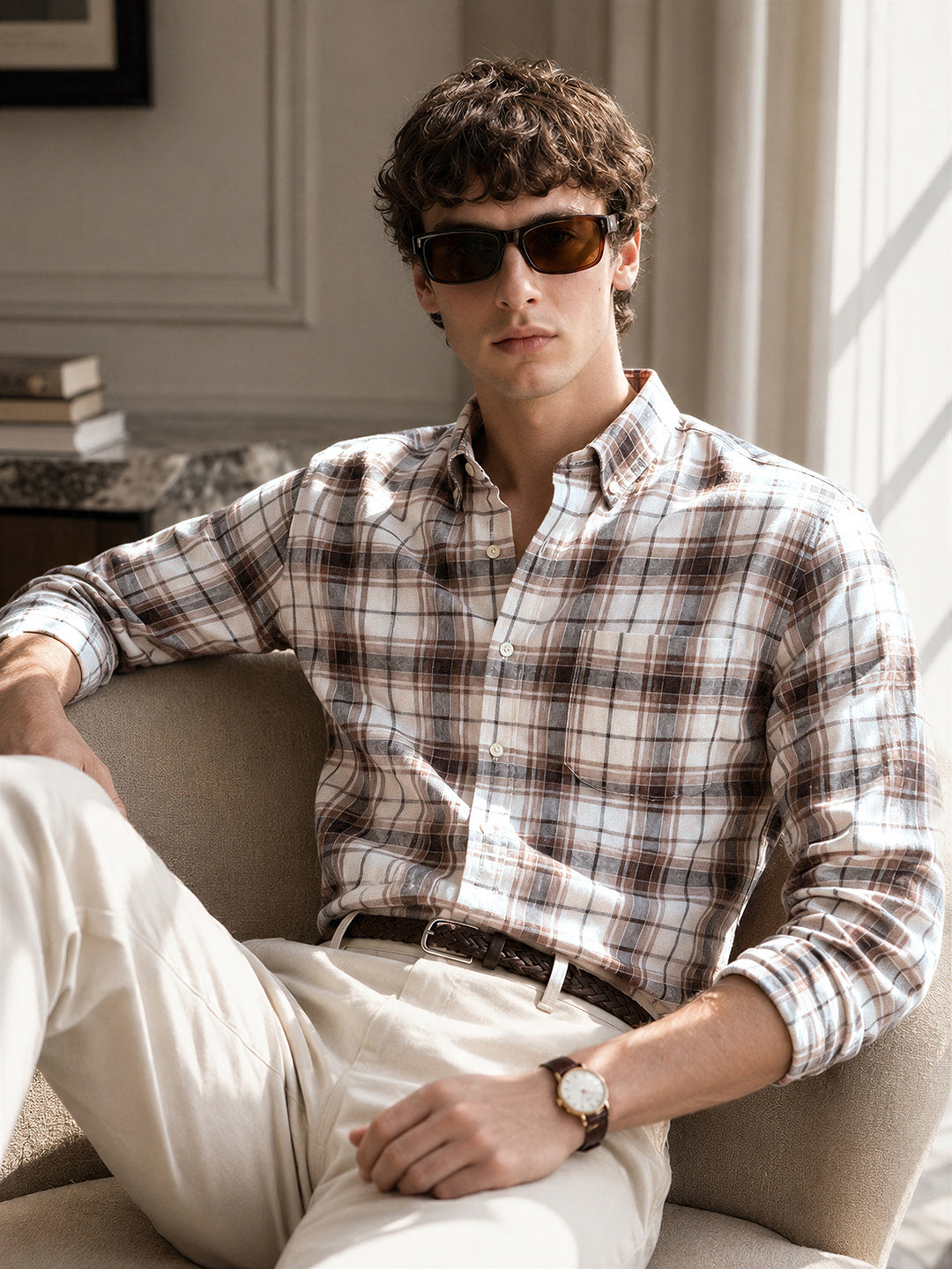 Men's Brown Slim Fit Checkered Casual Shirt