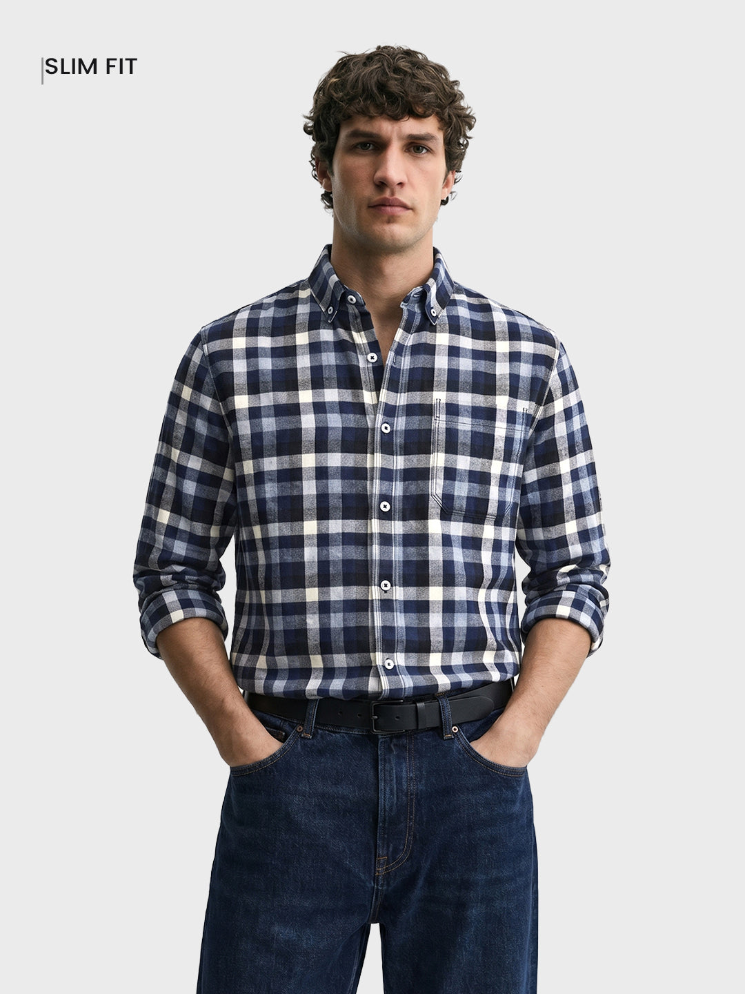 Men's Navy Blue Slim Fit Checkered Casual Shirt