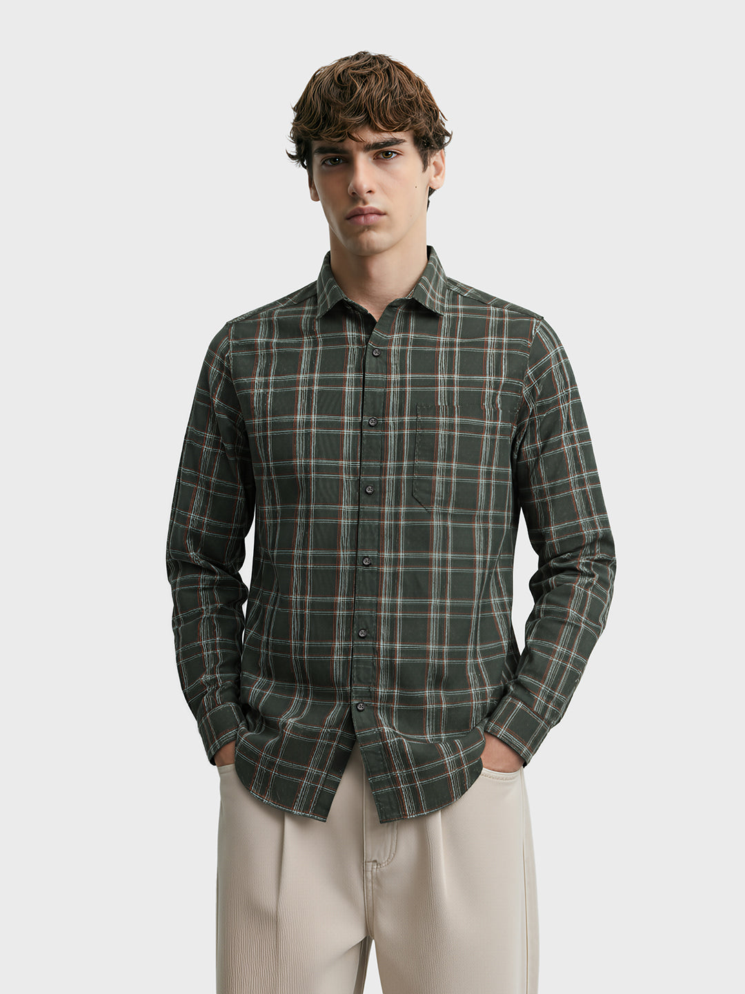 Men's Green Slim Fit Checkered Casual Shirts