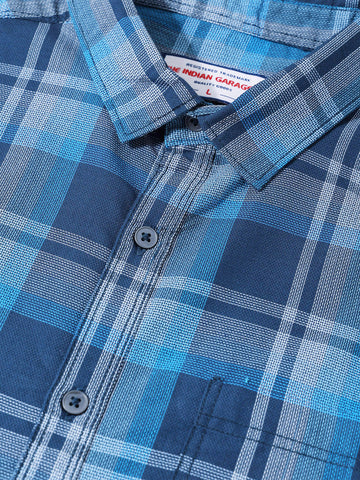 Men's Blue Slim Fit Checkered Casual Shirts