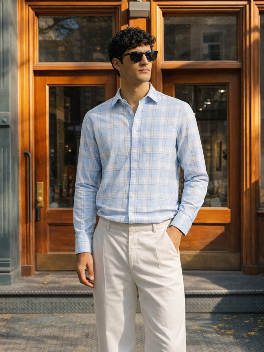 Men's Blue Slim Fit Checked Casual Shirt