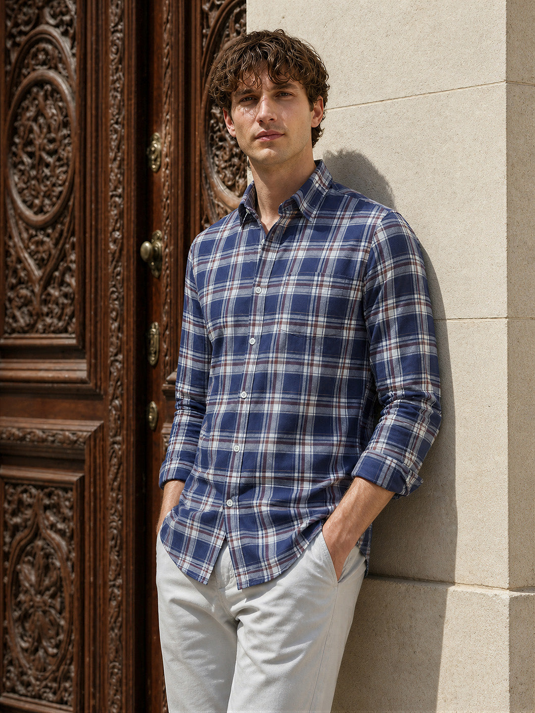 Men's Blue Slim Fit Checked Casual Shirt