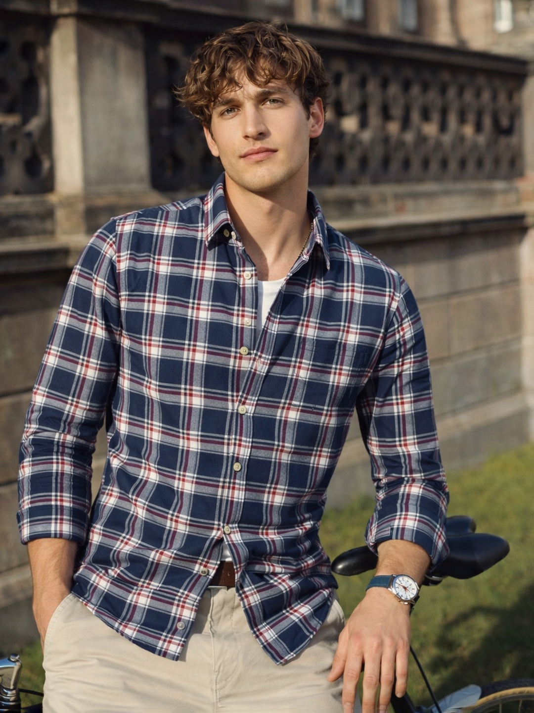 Men's Blue Slim Fit Checked Casual Shirt