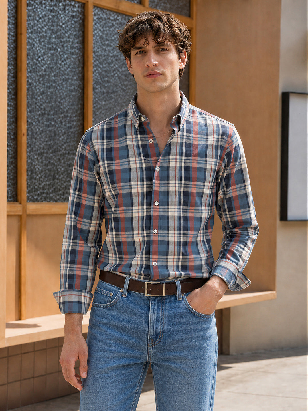 Men's Blue Slim Fit Checked Casual Shirt