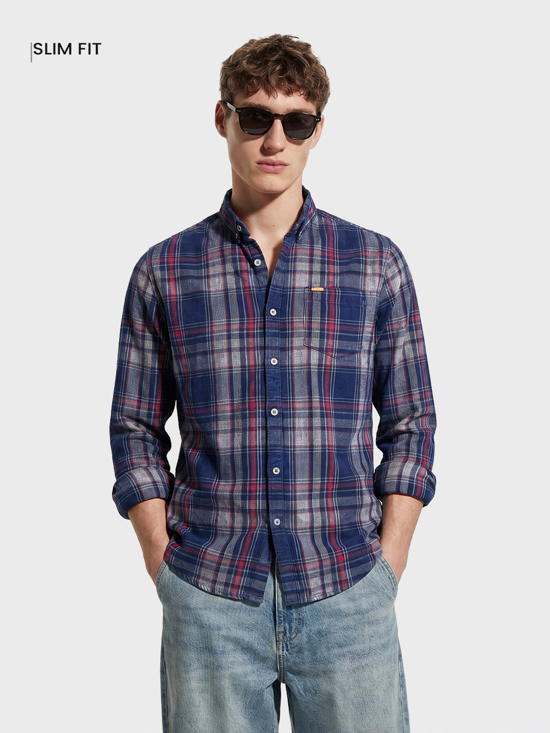 Men's Navy Blue Slim Fit Checkered Casual Shirt