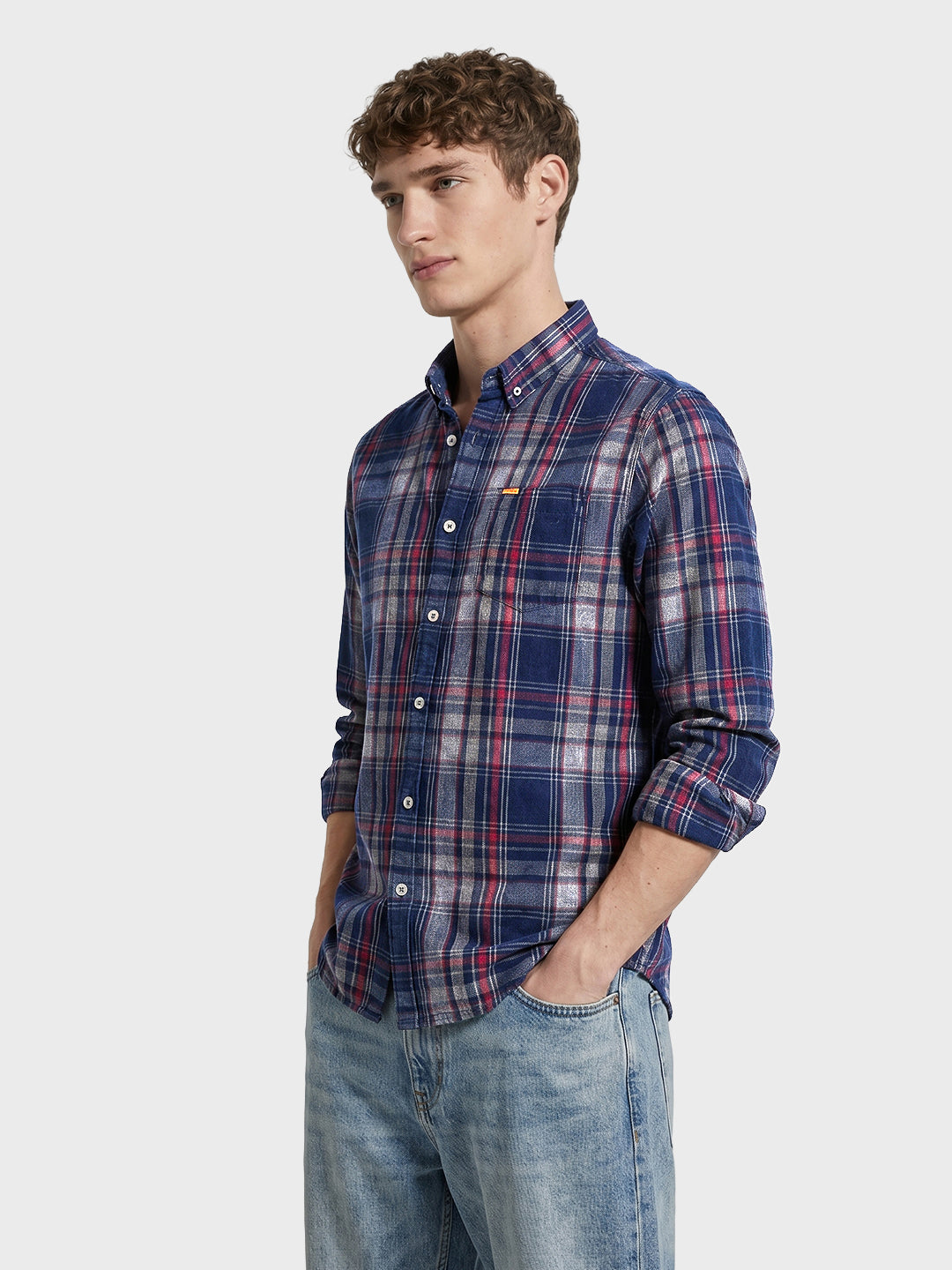 Men's Navy Blue Slim Fit Checkered Casual Shirt