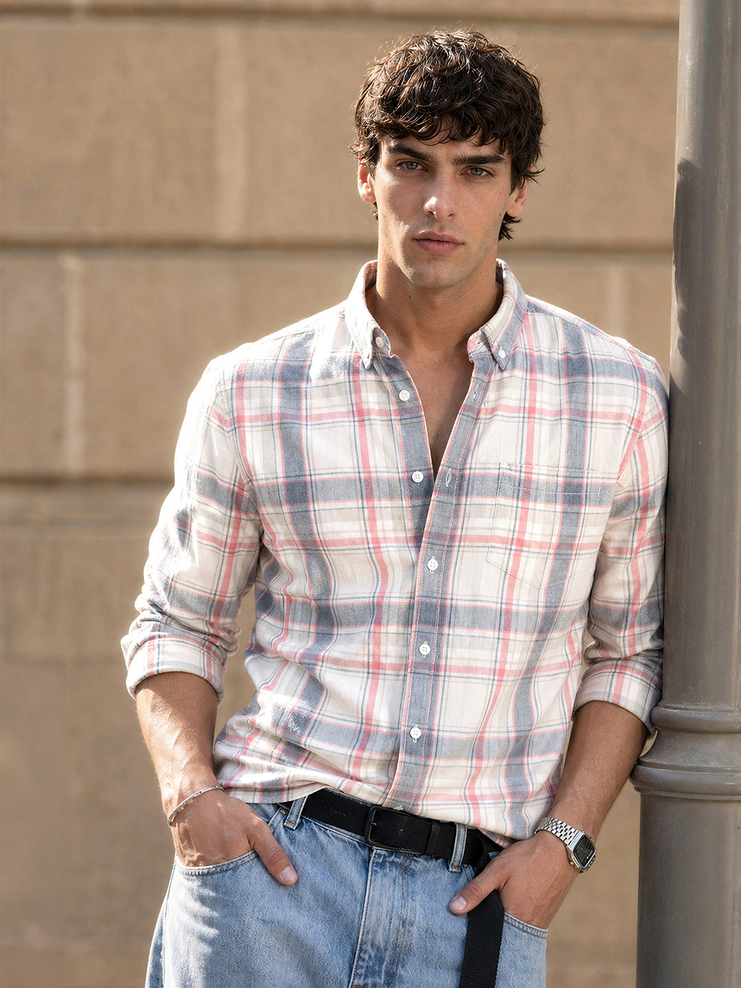 Men's Beige Slim Fit Checkered Casual Shirts