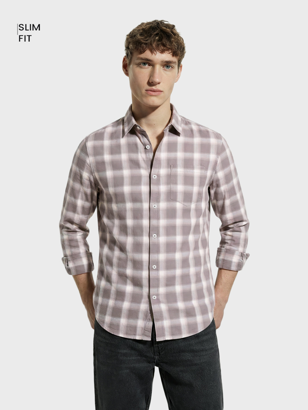 Men's Khaki Slim Fit Checkered Casual Shirt