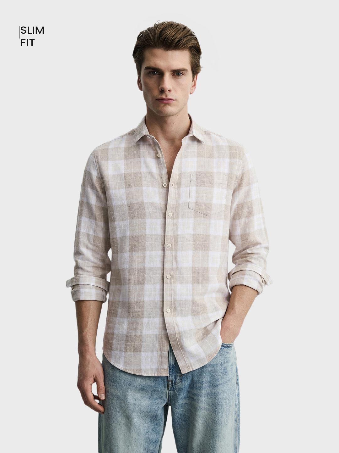 Men's Cream Slim Fit Checkered Casual Shirt