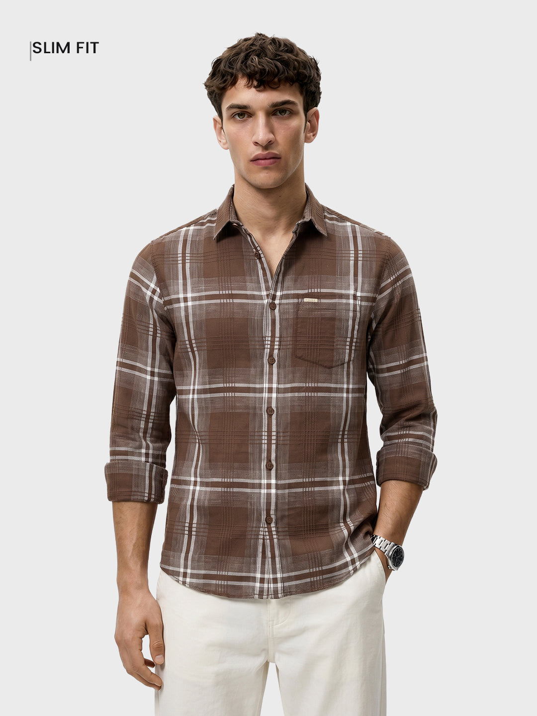 Men's Brown Slim Fit Checkered Casual Shirt