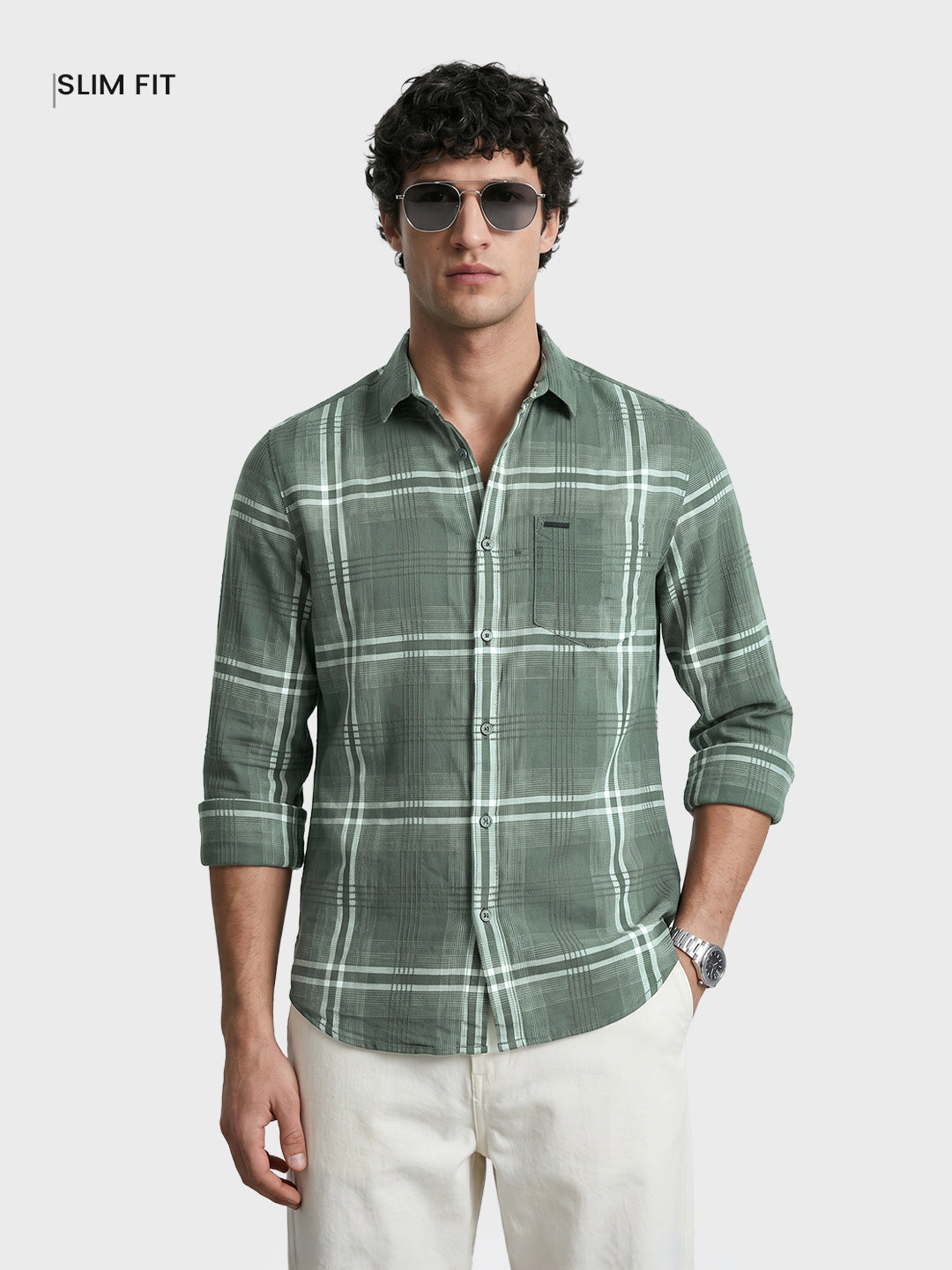 Men's Green Slim Fit Checkered Casual Shirt
