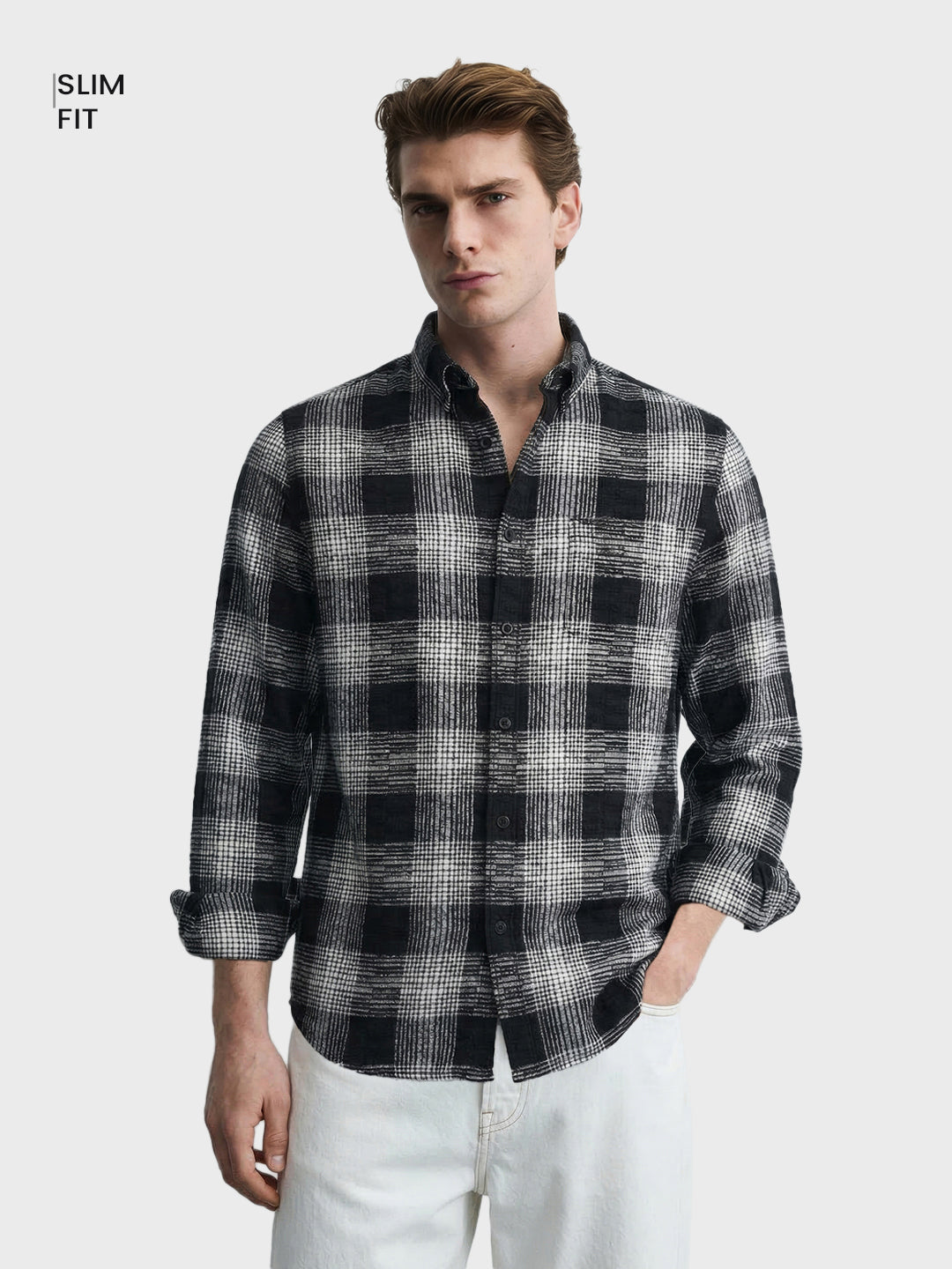 Men's Black Slim Fit Checkered Casual Shirt