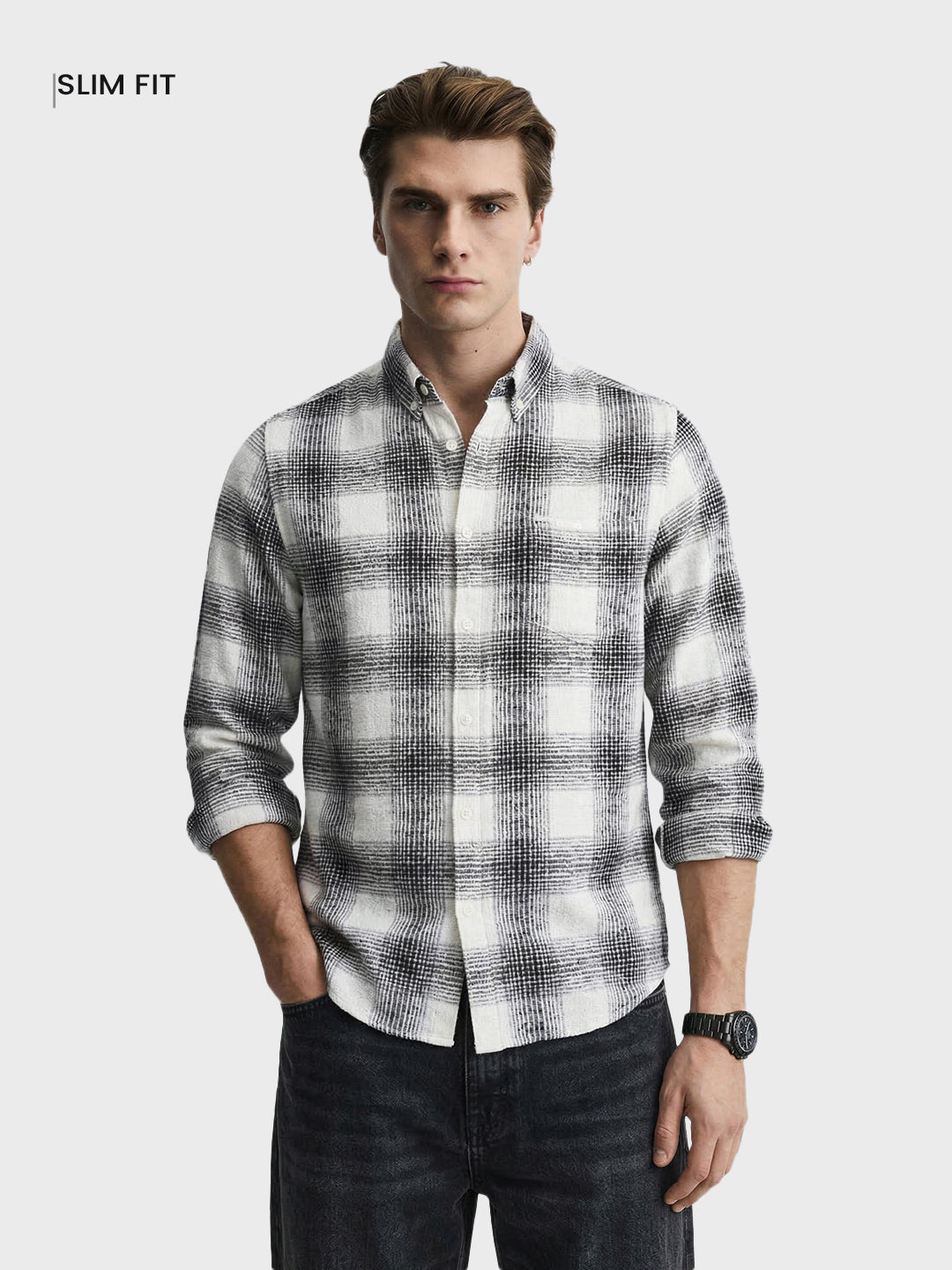 Men's Cream Slim Fit Checkered Casual Shirt