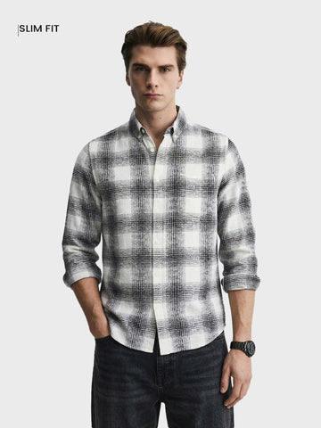 Men's Cream Slim Fit Checkered Casual Shirt