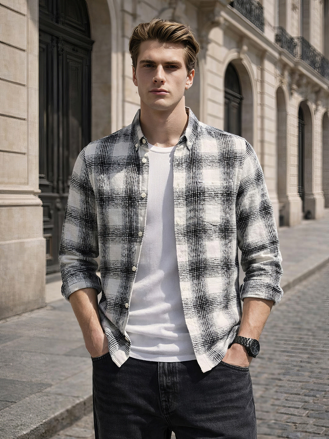 Men's Cream Slim Fit Checkered Casual Shirt