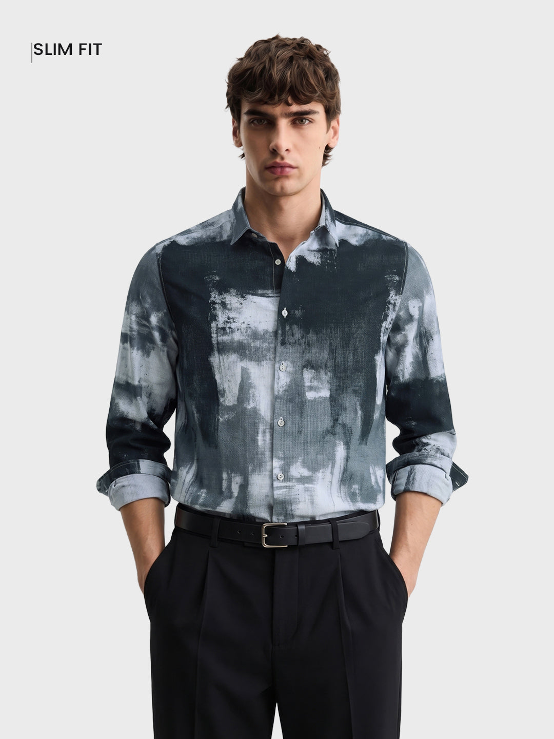 Men's Grey Slim Fit Printed Casual Shirt