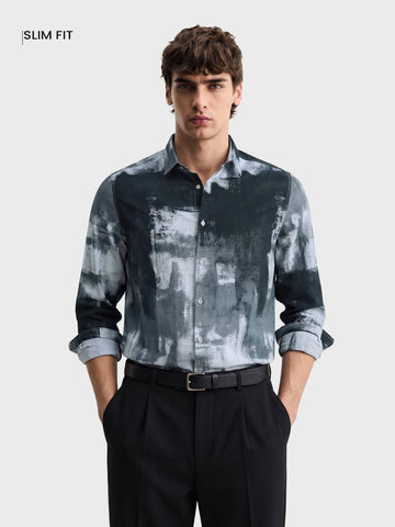 Men's Grey Slim Fit Printed Casual Shirt