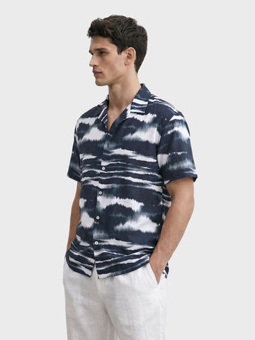 Men's Navy Blue Relaxed Fit Printed Resort Wear Shirt