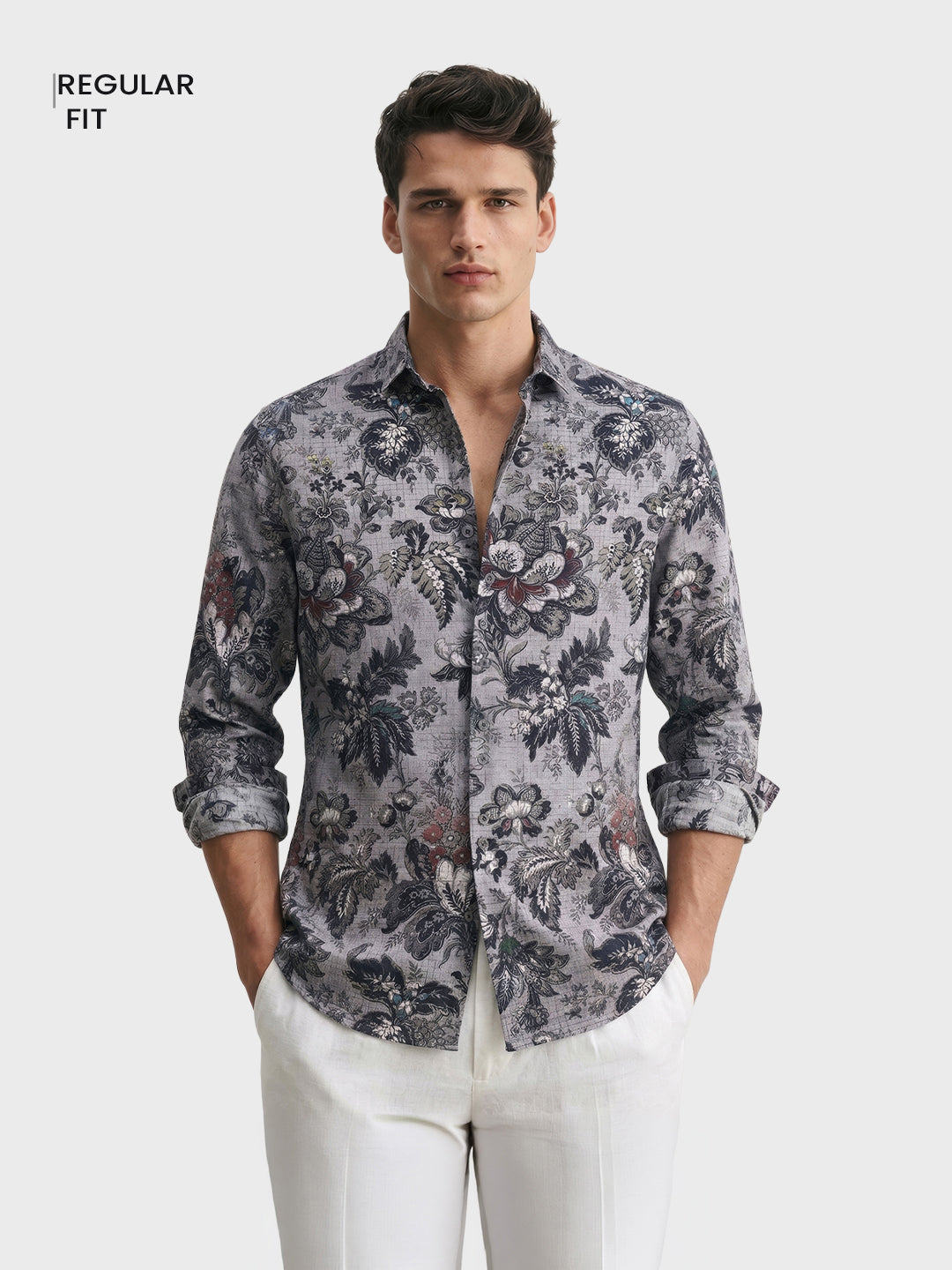 Men's Grey Regular Fit Printed Casual Shirt