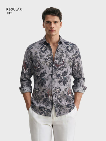 Men's Grey Regular Fit Printed Casual Shirt