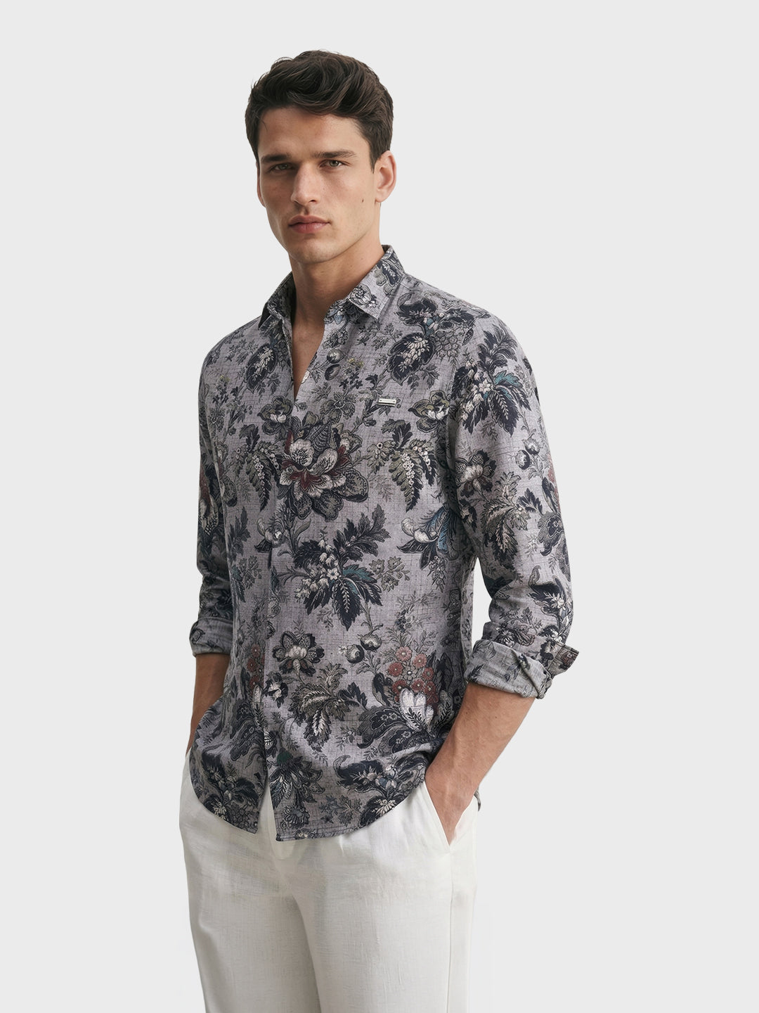 Men's Grey Regular Fit Printed Casual Shirt
