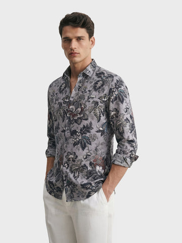 Men's Grey Regular Fit Printed Casual Shirt