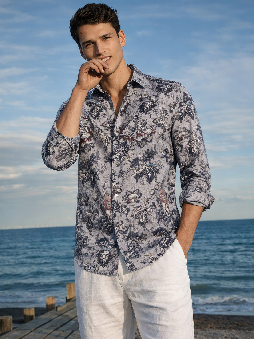 Men's Grey Regular Fit Printed Casual Shirt