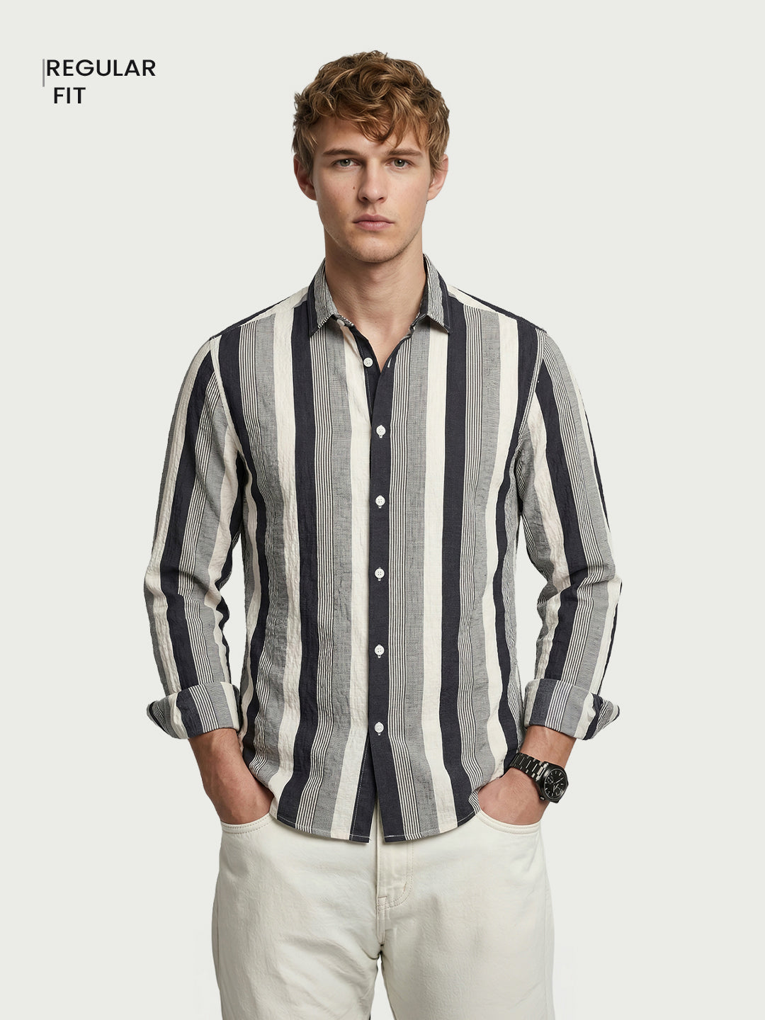 Men's Black Regular Fit Vertical Stripes Casual Shirt