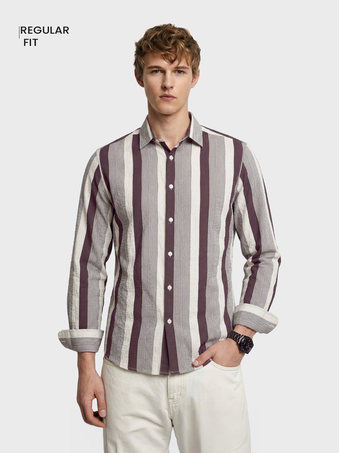 Men's Brown Regular Fit Vertical Stripes Casual Shirt