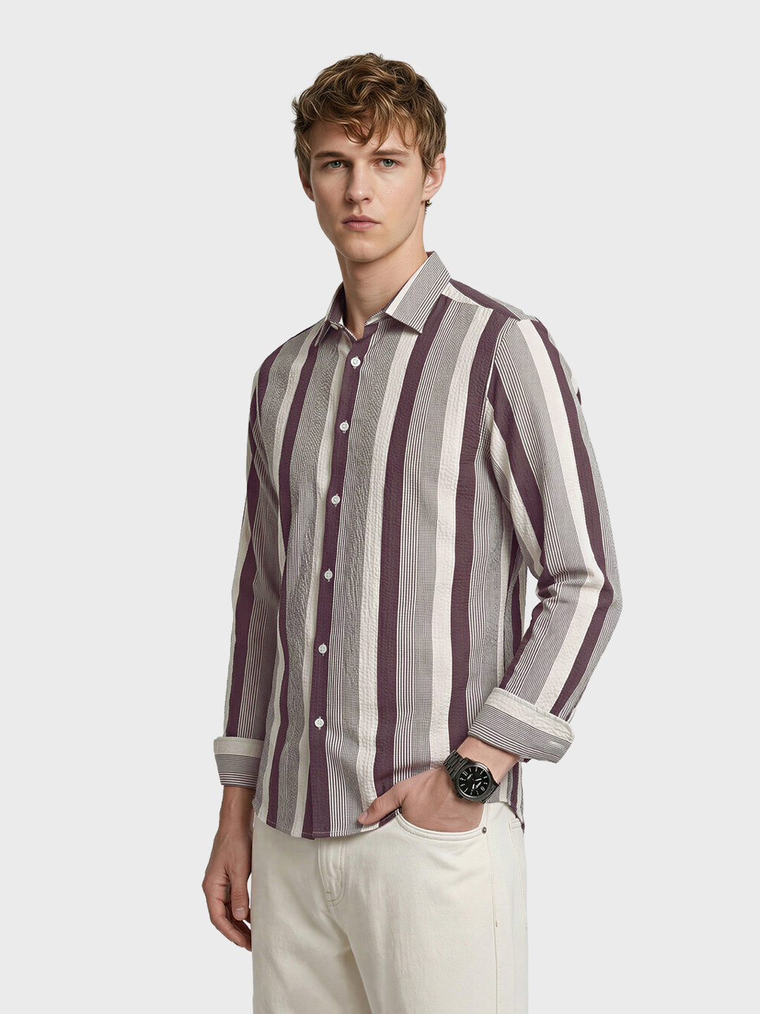 Men's Brown Regular Fit Vertical Stripes Casual Shirt