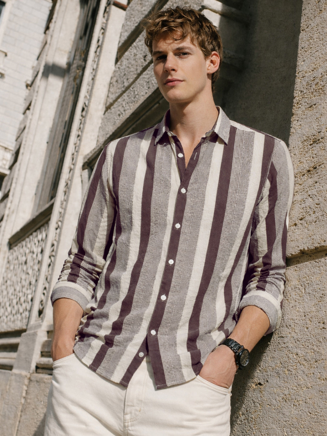 Men's Brown Regular Fit Vertical Stripes Casual Shirt