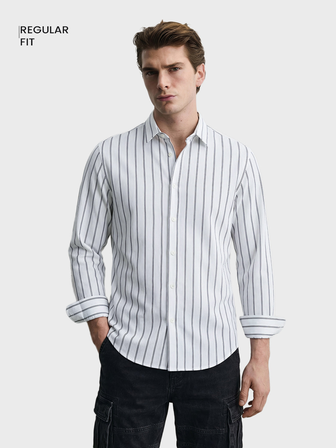 Men's White Regular Fit Striped Casual Shirt