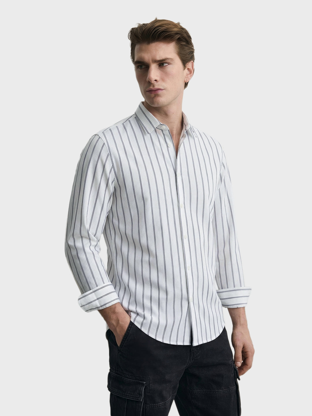 Men's White Regular Fit Striped Casual Shirt