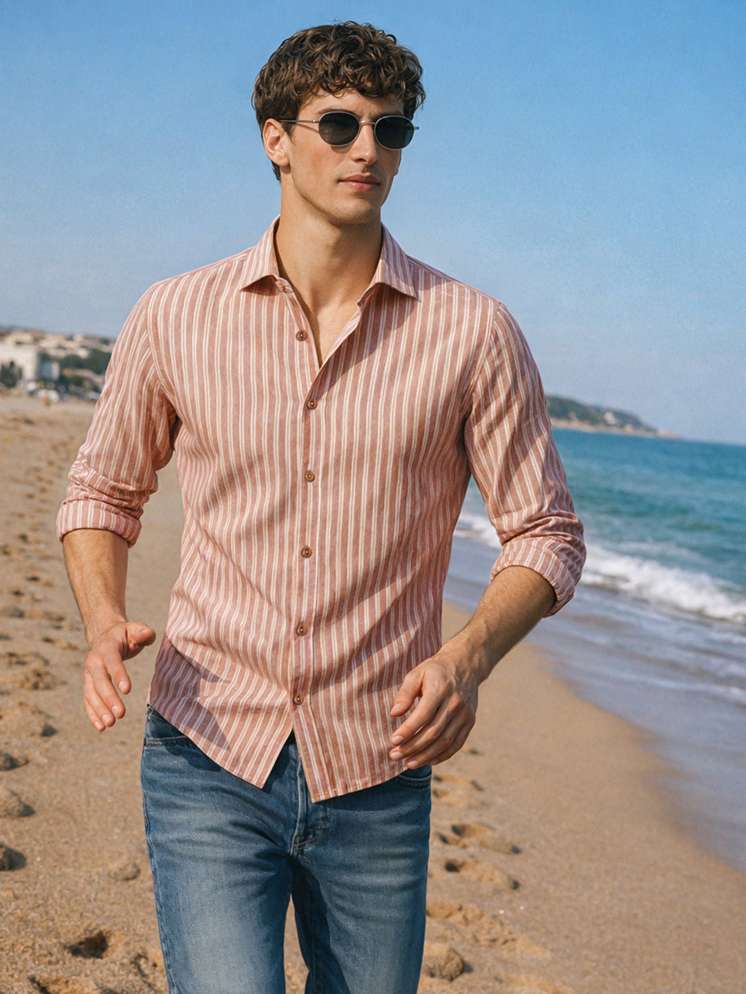 Men's Rust Regular Fit Striped Casual Shirt