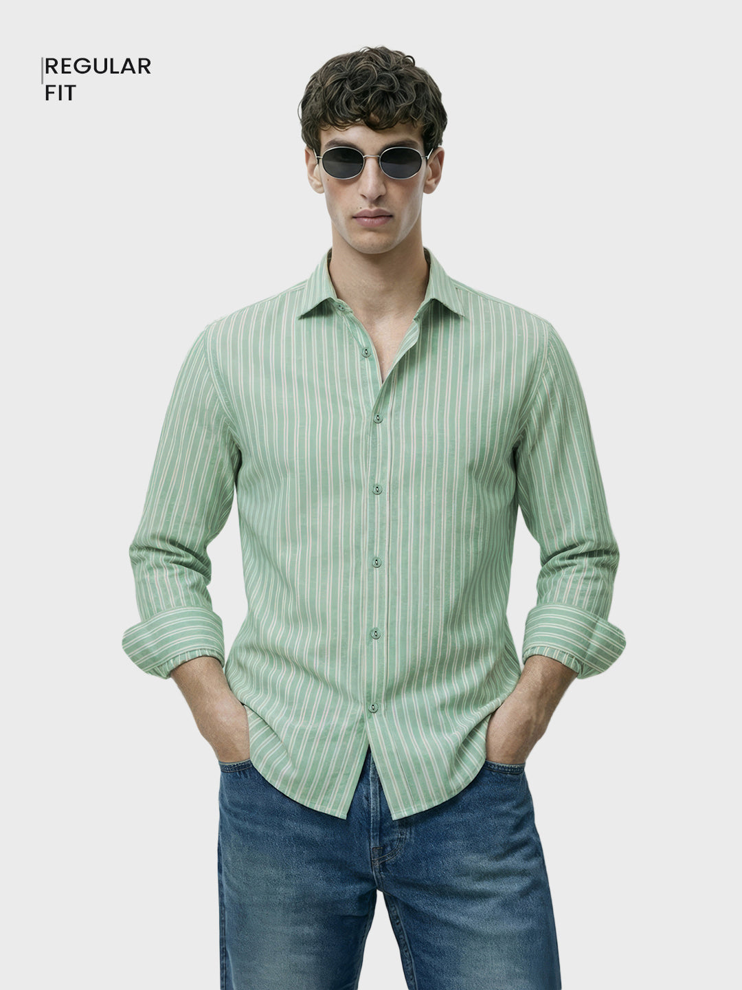 Men's Green Regular Fit Striped Casual Shirt