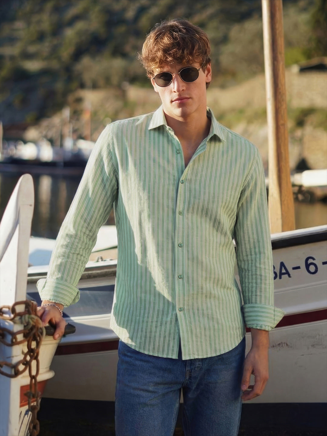 Men's Green Regular Fit Striped Casual Shirt